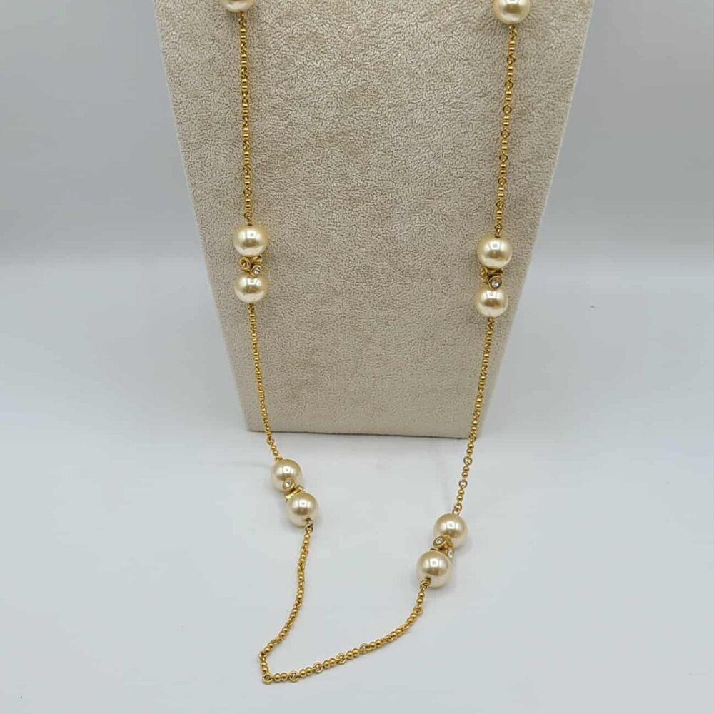 J Crew Champaign Faux Pearl Station Gold Tone crystal Necklace NWOT
